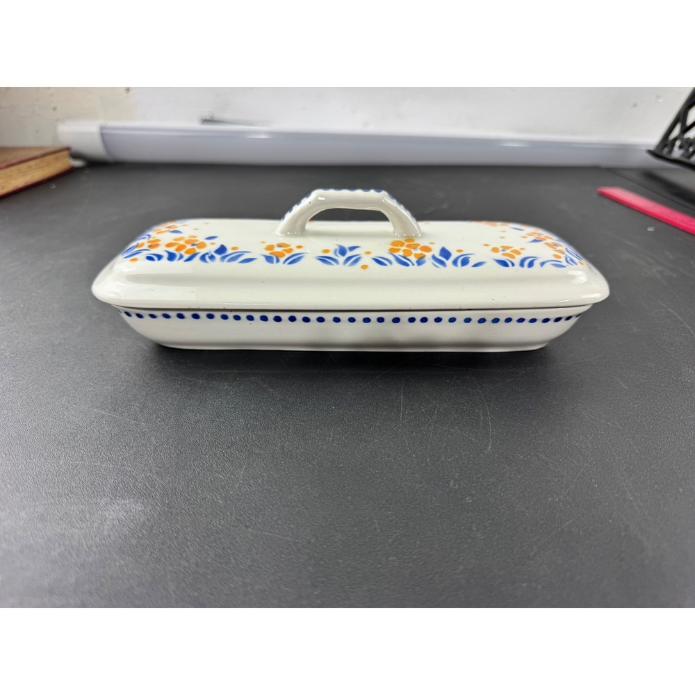 Vintage Hand Painted Ceramic Covered Butter Dish Floral Orange Blue‎ 3 Section